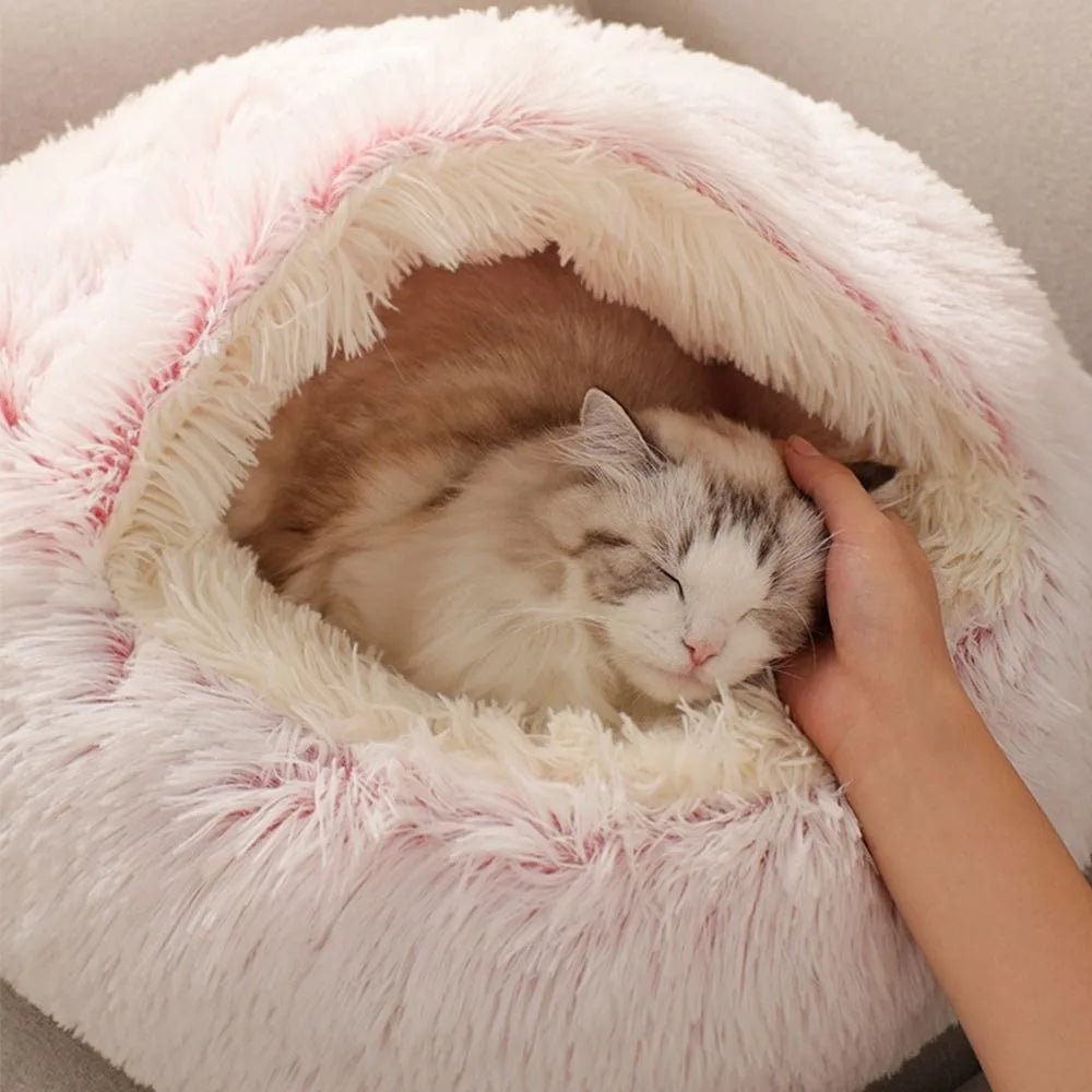 Warm Long Plush Pet Bed Enclosed Round Cat Cushion Comfortable Sleep Bag Cat Nest Kennel For Small Pet - ChatÔchÔcat