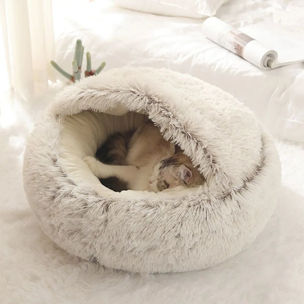 Warm Long Plush Pet Bed Enclosed Round Cat Cushion Comfortable Sleep Bag Cat Nest Kennel For Small Pet - ChatÔchÔcat