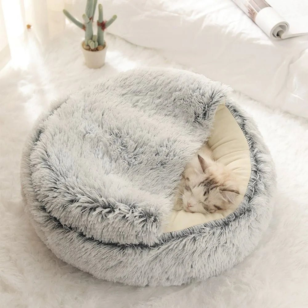 Warm Long Plush Pet Bed Enclosed Round Cat Cushion Comfortable Sleep Bag Cat Nest Kennel For Small Pet - ChatÔchÔcat