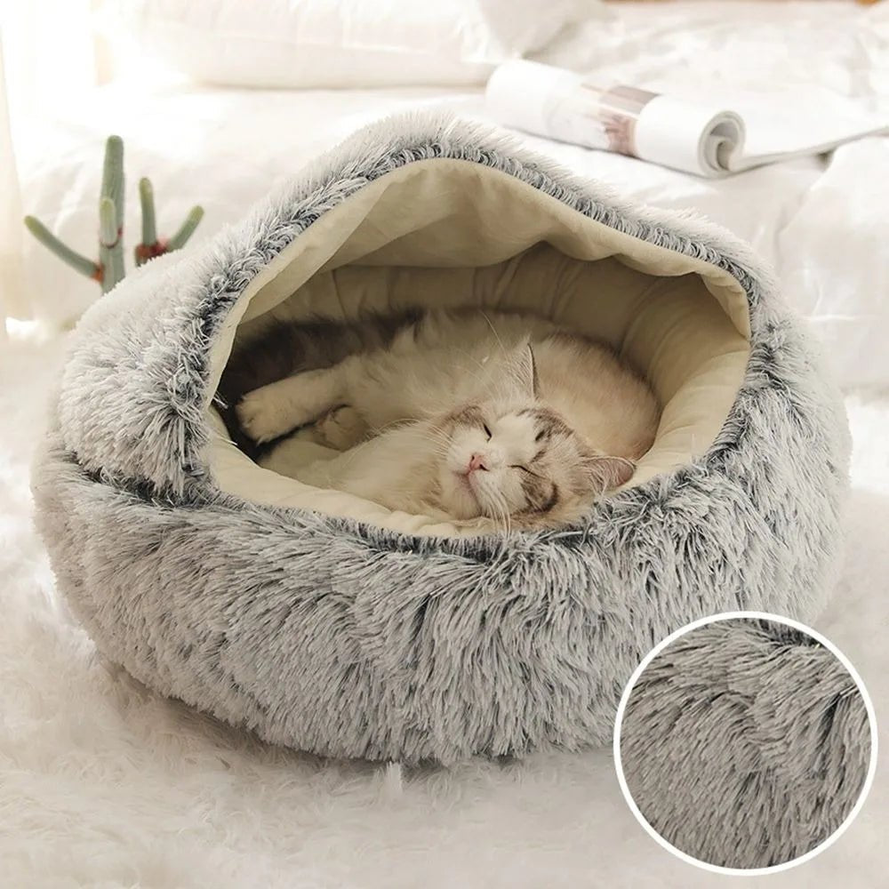 Warm Long Plush Pet Bed Enclosed Round Cat Cushion Comfortable Sleep Bag Cat Nest Kennel For Small Pet - ChatÔchÔcat