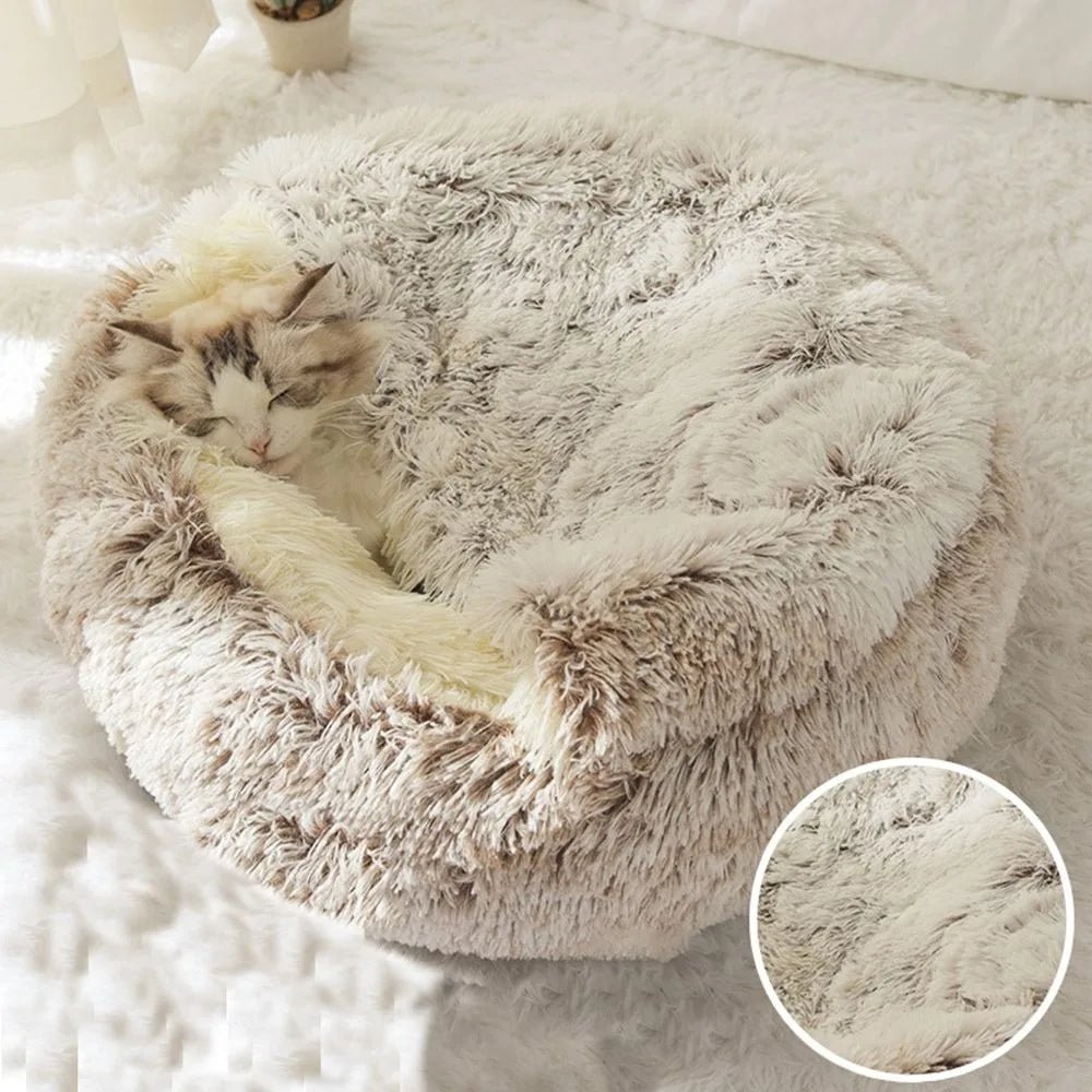 Warm Long Plush Pet Bed Enclosed Round Cat Cushion Comfortable Sleep Bag Cat Nest Kennel For Small Pet - ChatÔchÔcat