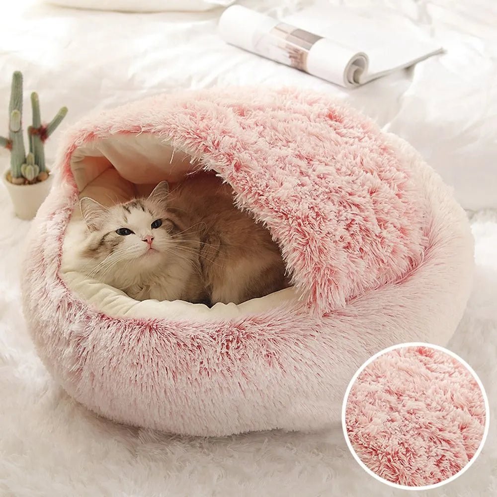 Warm Long Plush Pet Bed Enclosed Round Cat Cushion Comfortable Sleep Bag Cat Nest Kennel For Small Pet - ChatÔchÔcat