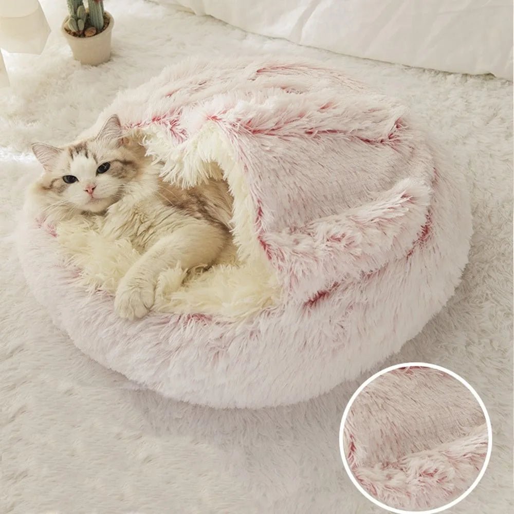 Warm Long Plush Pet Bed Enclosed Round Cat Cushion Comfortable Sleep Bag Cat Nest Kennel For Small Pet - ChatÔchÔcat